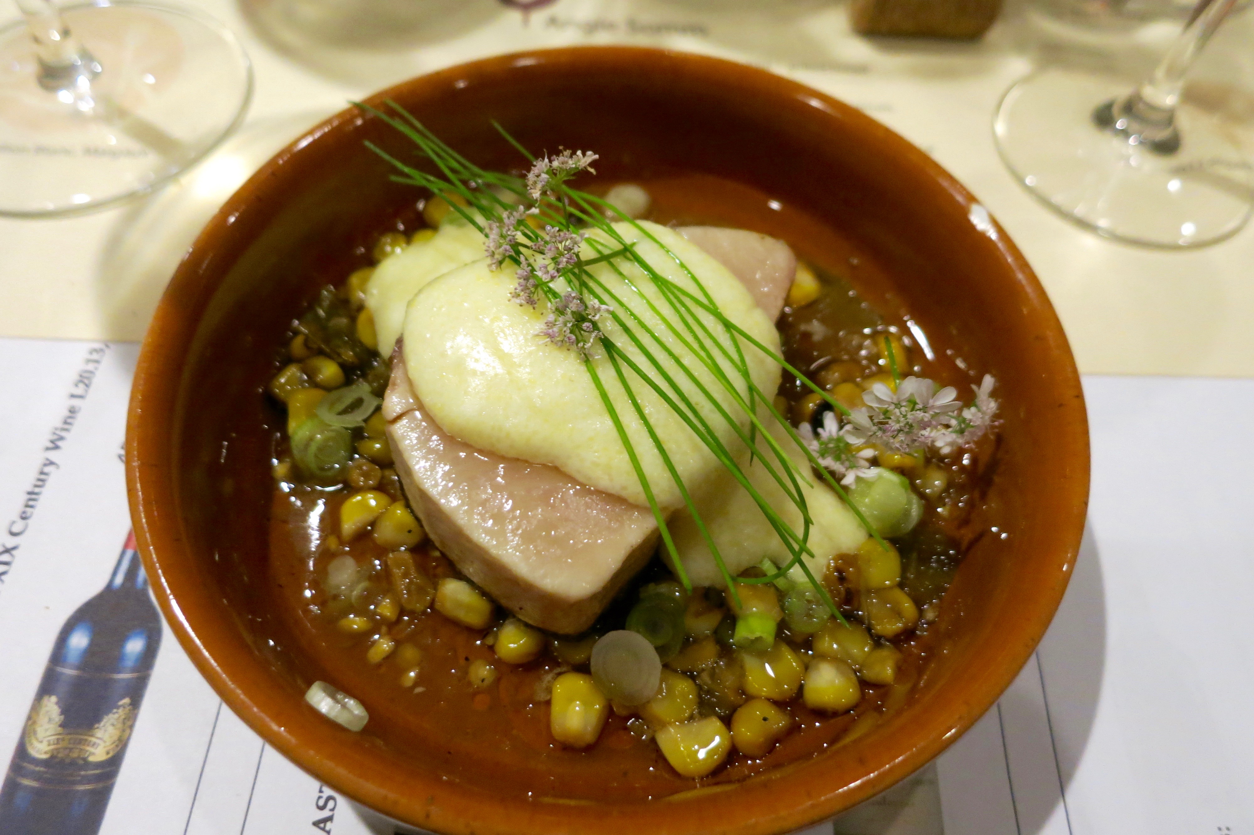 Seared Hamachi. Ponzu. Corn Relish. Chrysanthemum.