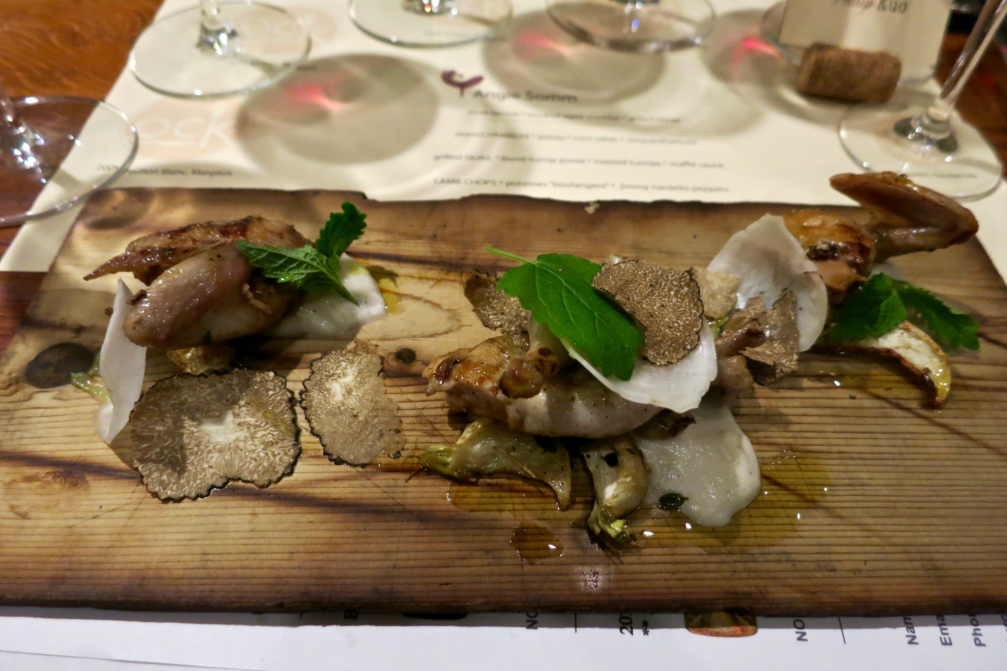 Grilled Quail. Burnt Turnip Puree. Roasted Turnips. Truffle Sauce.